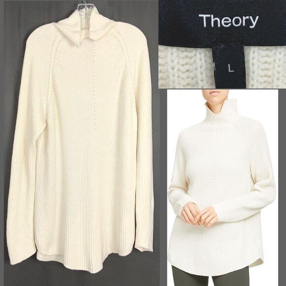 Theory Moving Rib 100% Cashmere Sweater Oversized Cream Sz L - Picture 2 of 16